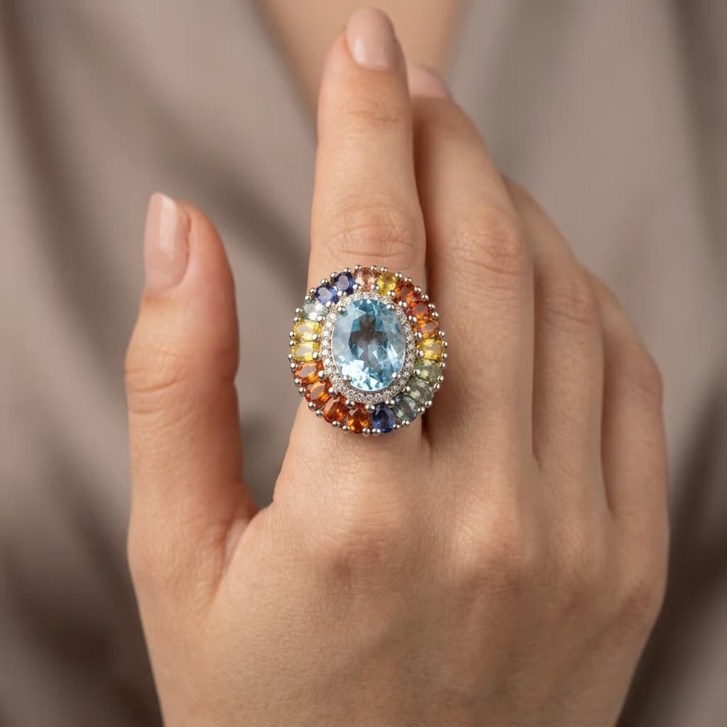Multi Safir - Topaz Yüzük Gümüş AAA