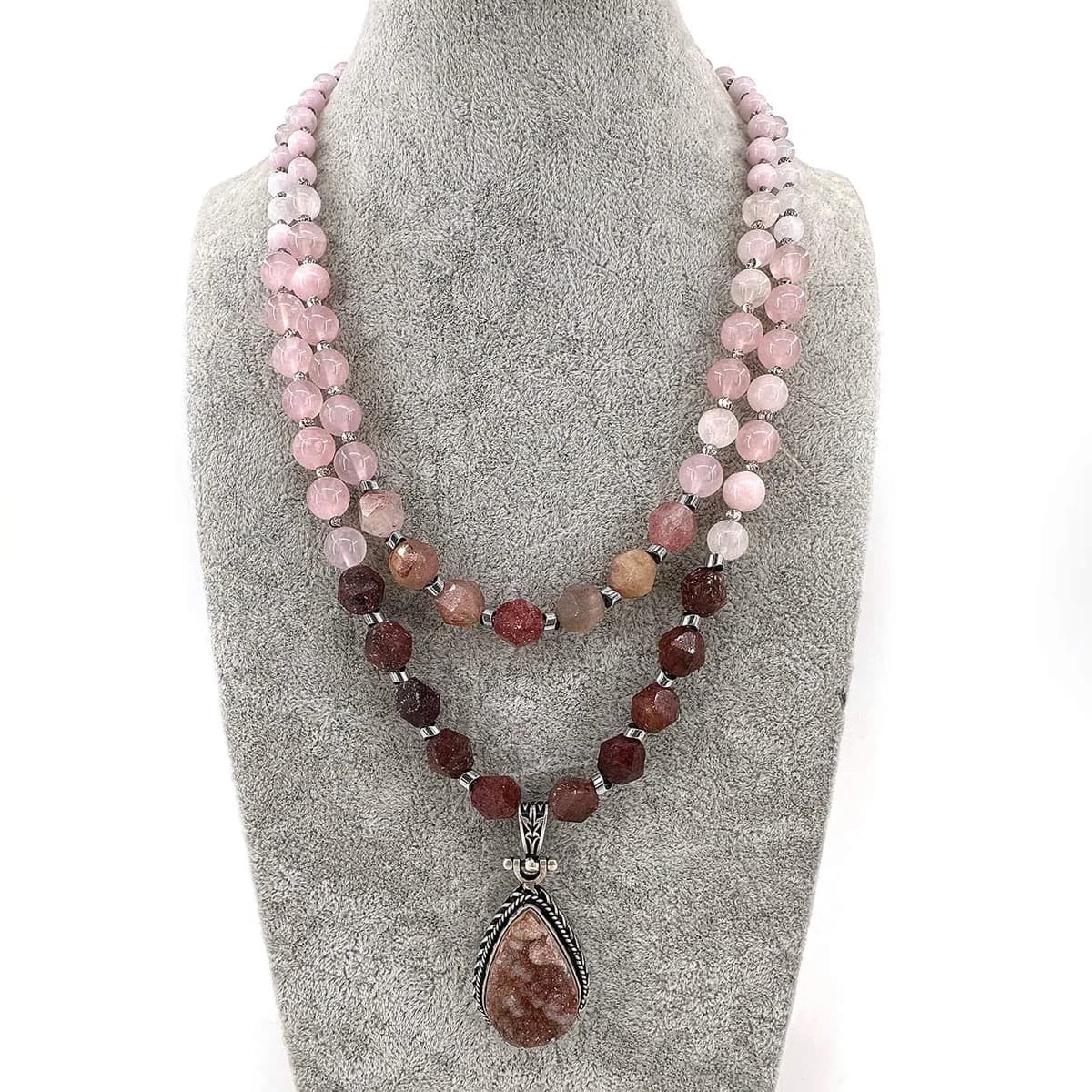Pembe Kuvars / Çilek Kuvars Kolye Druze Uç (Gümüş)
