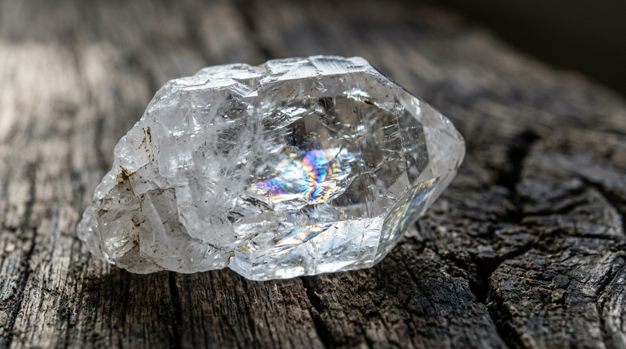 Doğal kristal kuvars minerali içinde doğal iç çatlaklar ve gökkuşağı yansıması