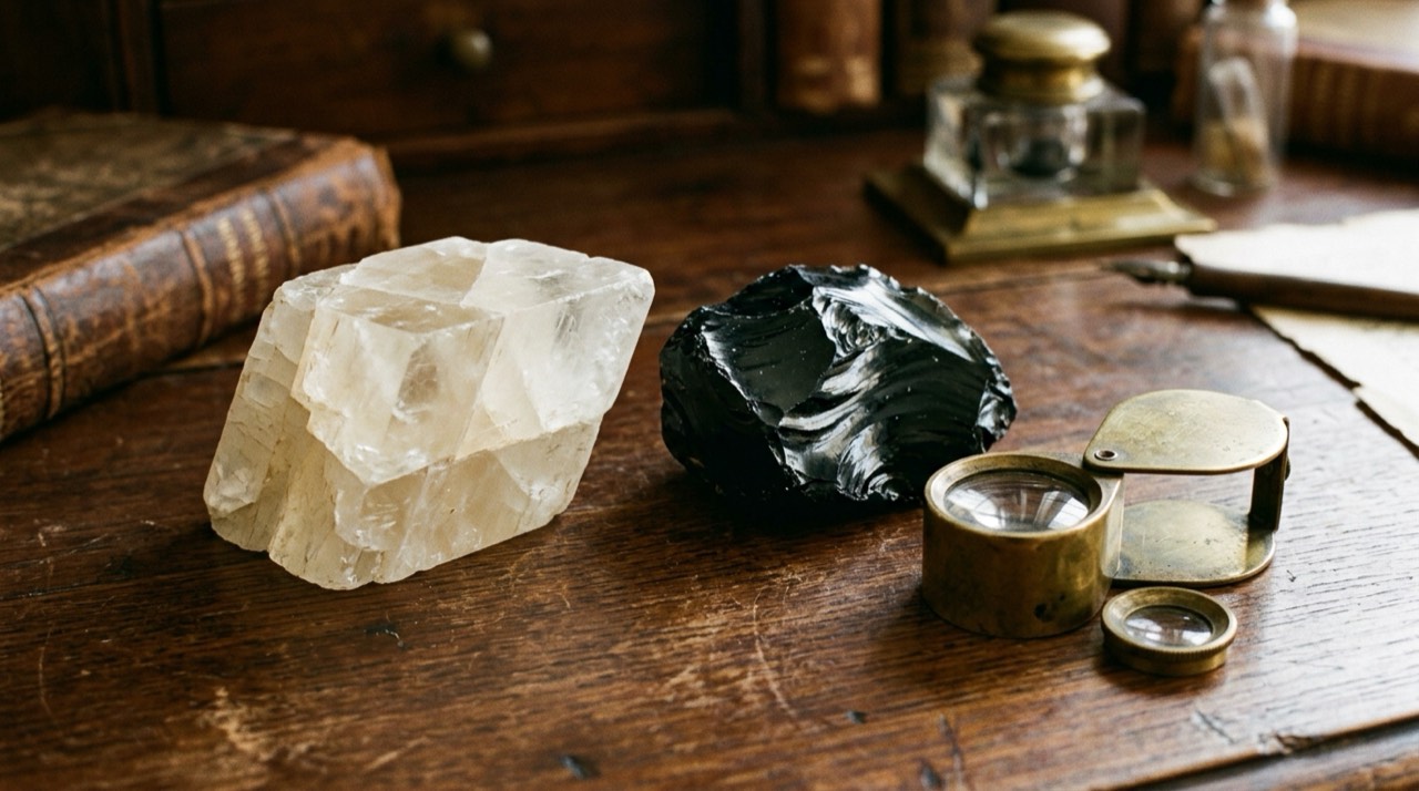 Mineraloji çalışma masasında kalsit dilinimi ve obsidyen konkoidal kırılma yüzeyi