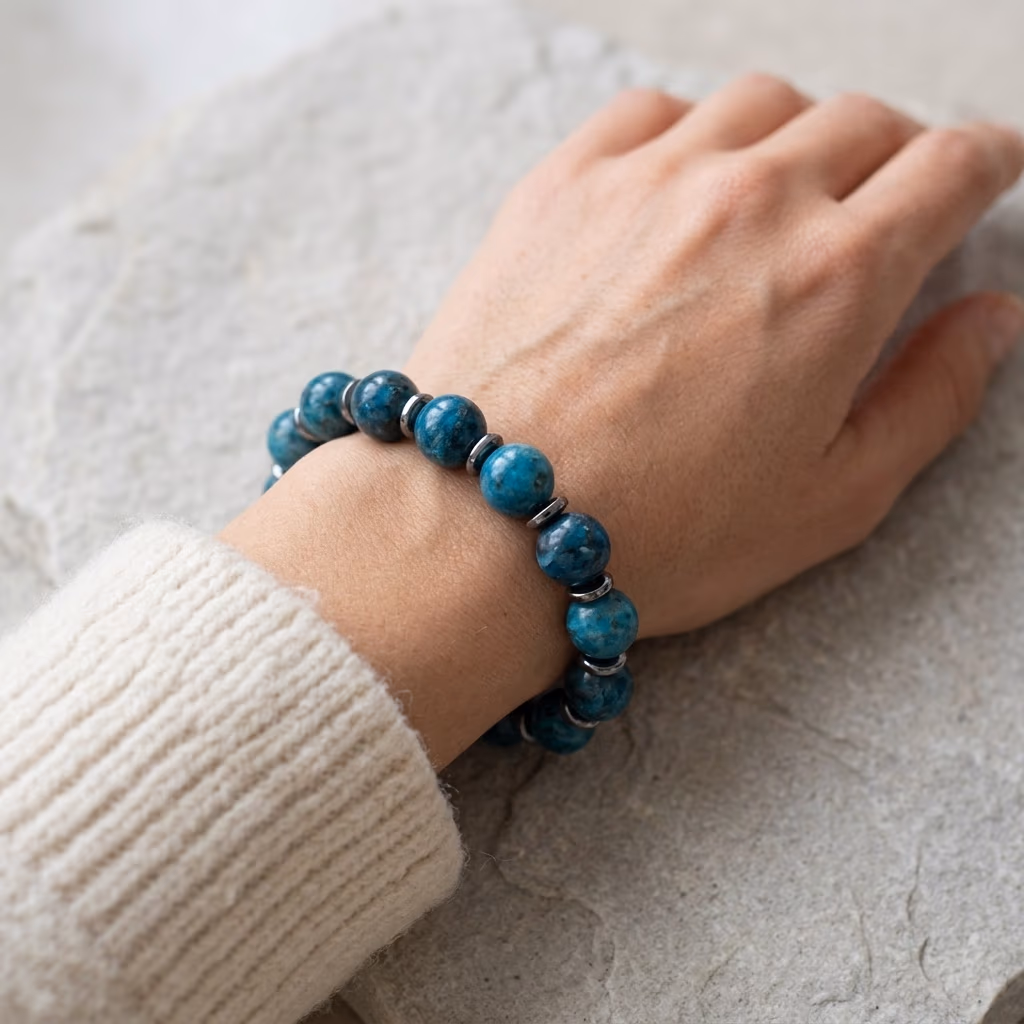 Blue Apatit Bileklik 10mm - Büyütmek için tıklayın Blue Apatit Bileklik 10mm - Orijinal Doğal Taş ve Şifa Kristali Görsel 1
