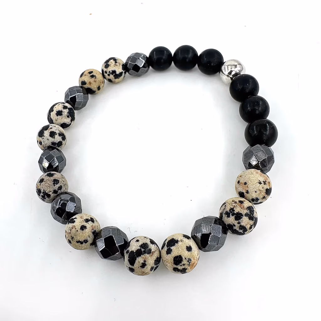 Dalmaçya Jasper, Hematit & Şungit Bileklik 8mm İncele ve Satın Al Dalmaçya Jasper, Hematit & Şungit Bileklik 8mm - Orijinal Doğal Taş ve Şifa Kristali Görsel 1