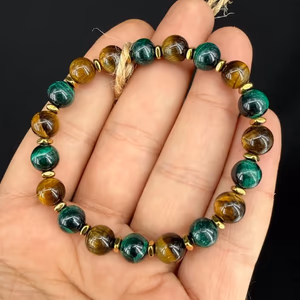 Kaplangözü / Malakit Bileklik 8 mm Gold - Orijinal Şifalı Kristal - Görsel 1