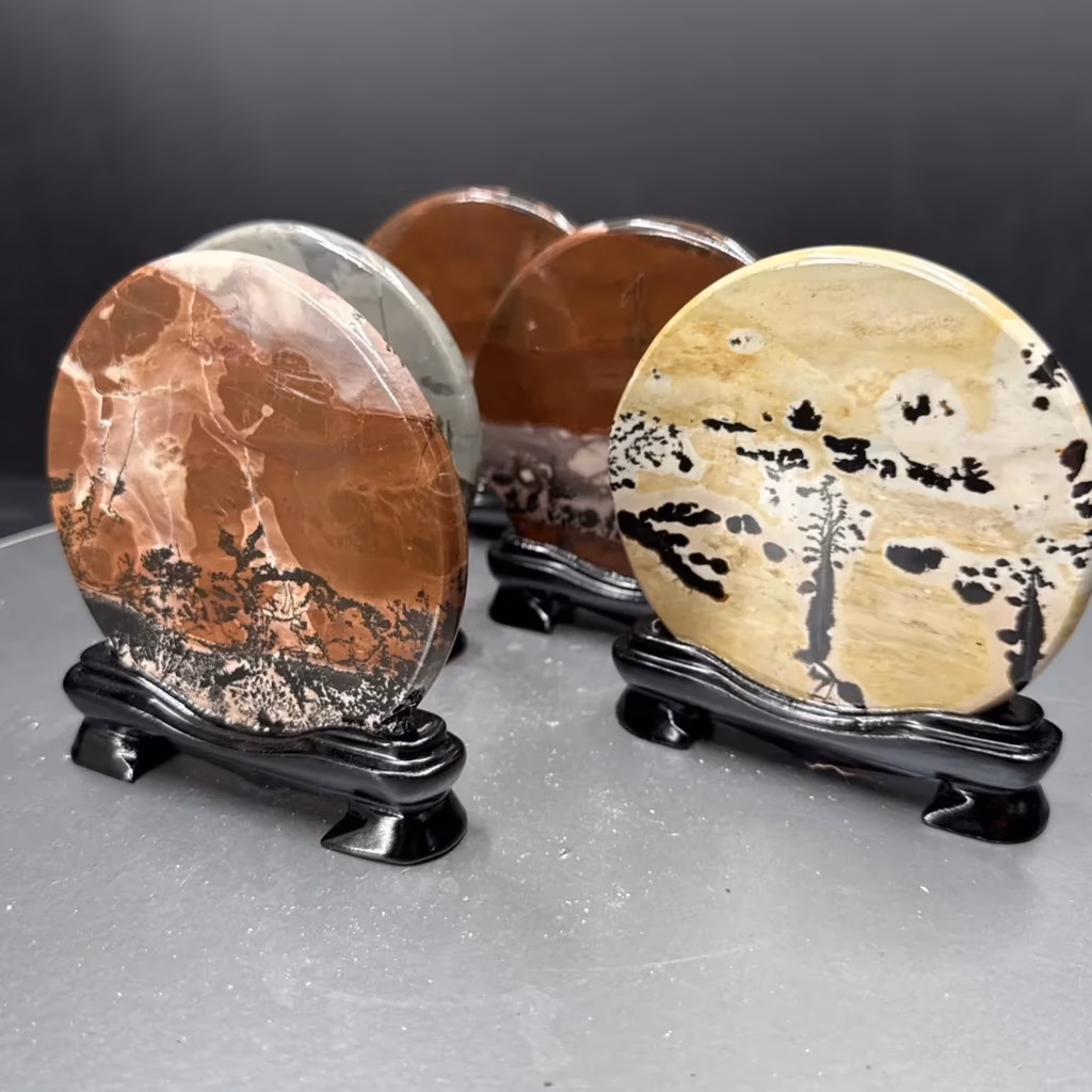 Picture Jasper Obje Ahşap Standlı Yuvarlak İncele ve Satın Al Picture Jasper Obje Ahşap Standlı Yuvarlak - Orijinal Doğal Taş ve Şifa Kristali Görsel 1