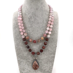 Pembe Kuvars Çilek Kuvars Kolye Druze Uç Gümüş