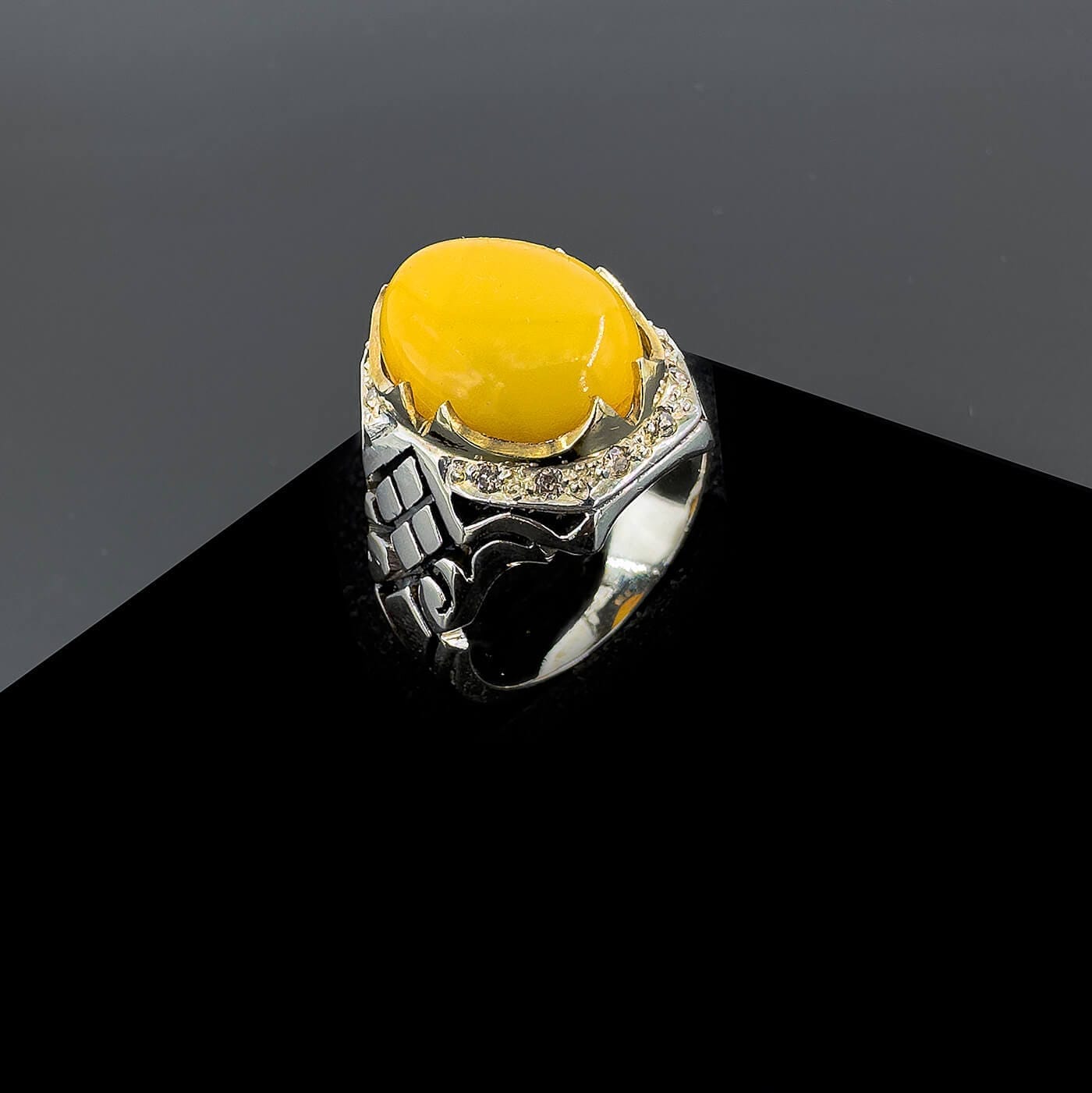 Kehribar Pırlanta Yüzük (Gümüş)